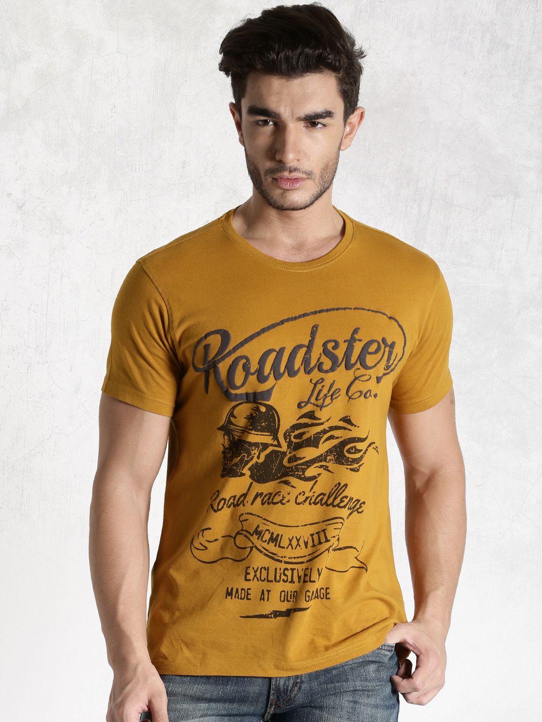 Roadster Mustard Yellow Printed Round Neck T-shirt