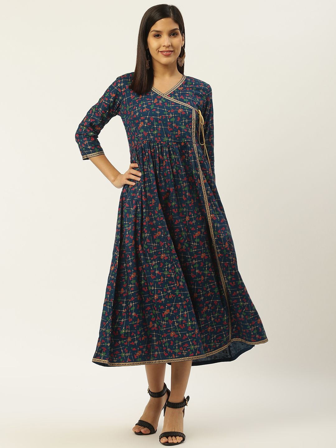 RANGMAYEE Women Navy Blue & Red Floral Foil Print Angrakha A-Line Dress Price in India