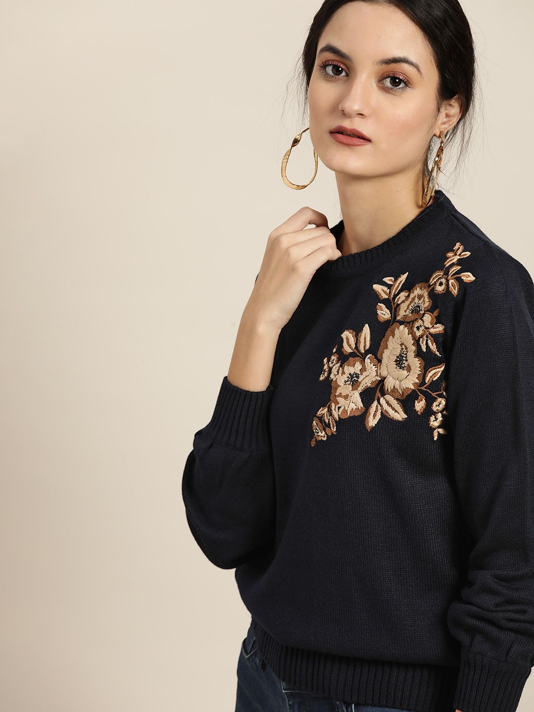 all about you Women Navy Blue & Beige Embroidered Pullover Sweater Price in India