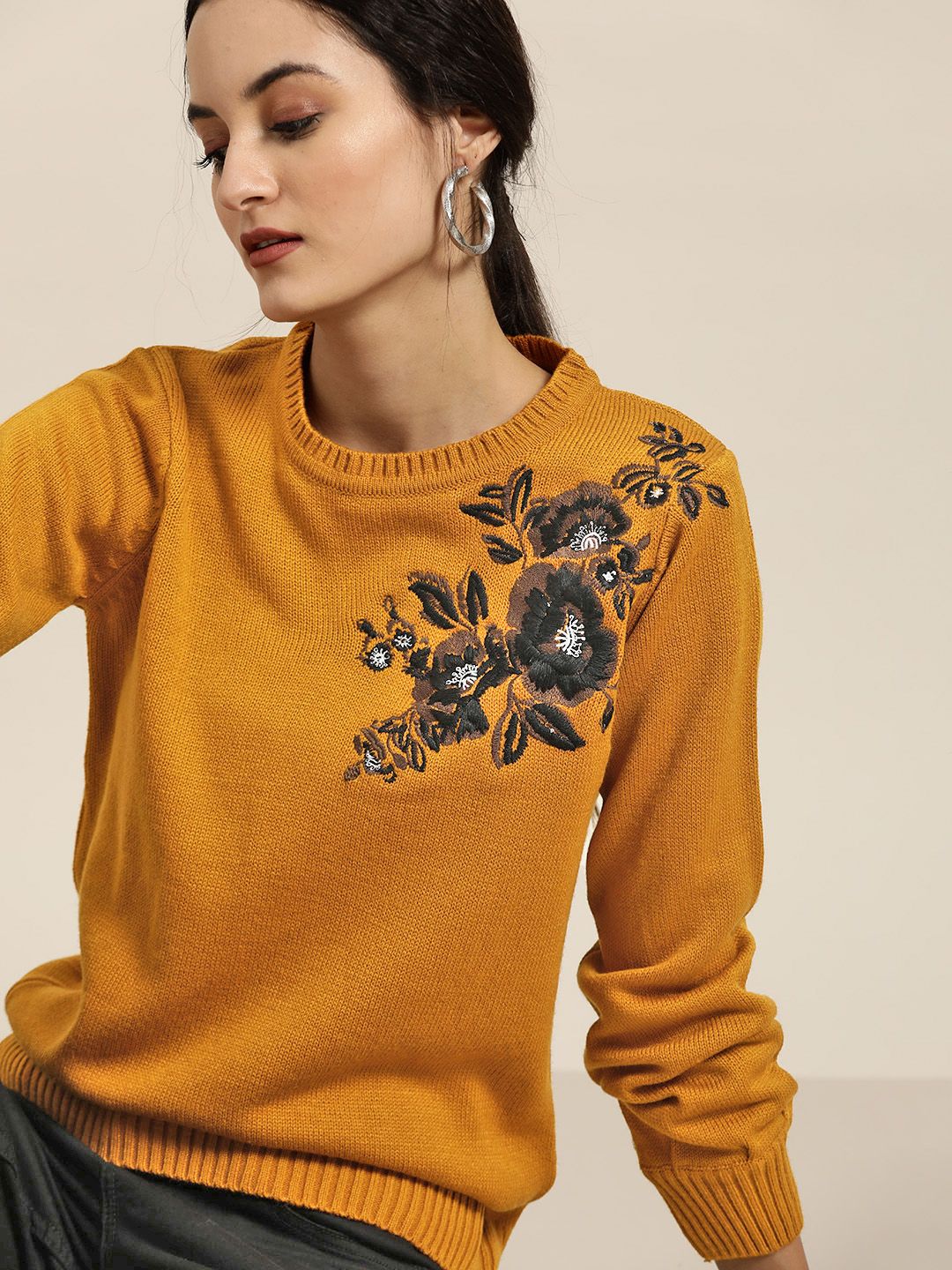 all about you Women Mustard Yellow & Navy Blue Embroidered Pullover Sweater Price in India