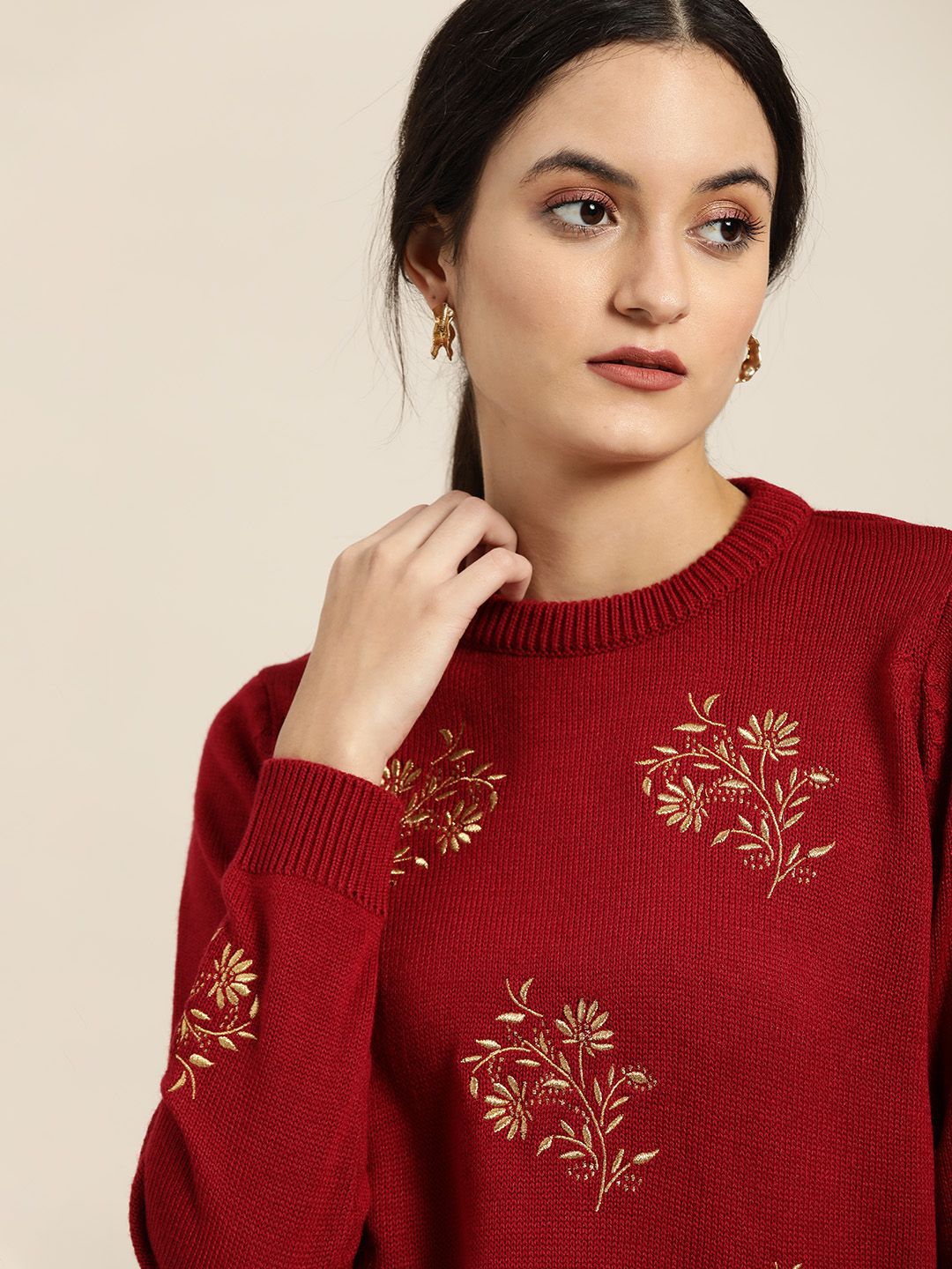 all about you Women Red & Golden Embroidered Pullover Sweater Price in India