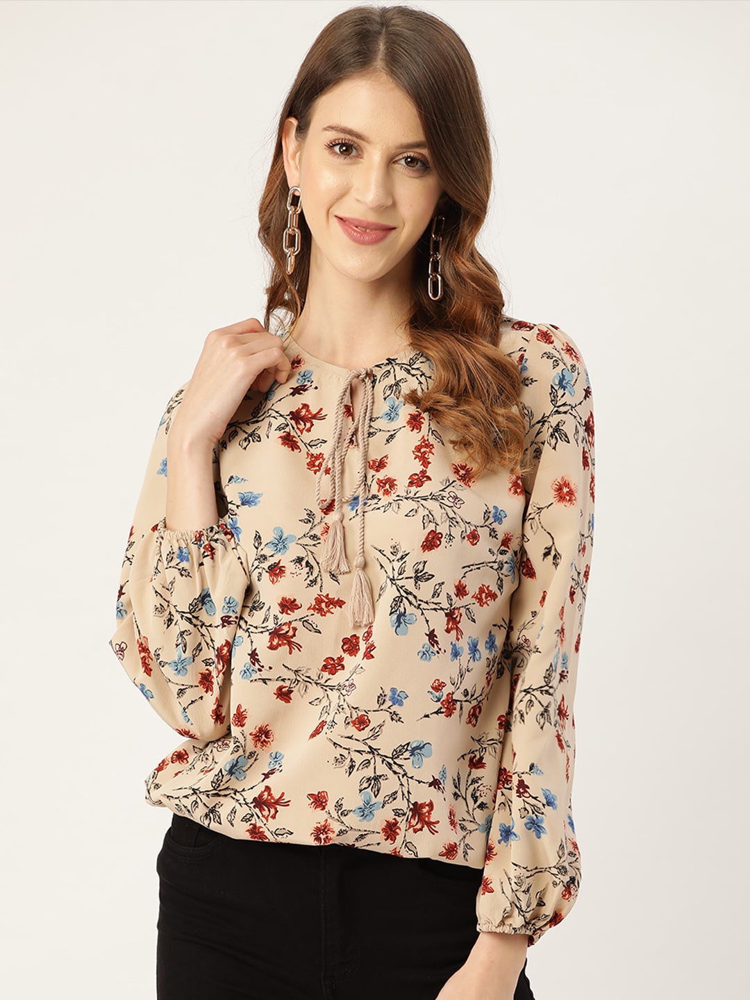 all about you Beige & Rust Brown Floral Print Blouson Top Price in India
