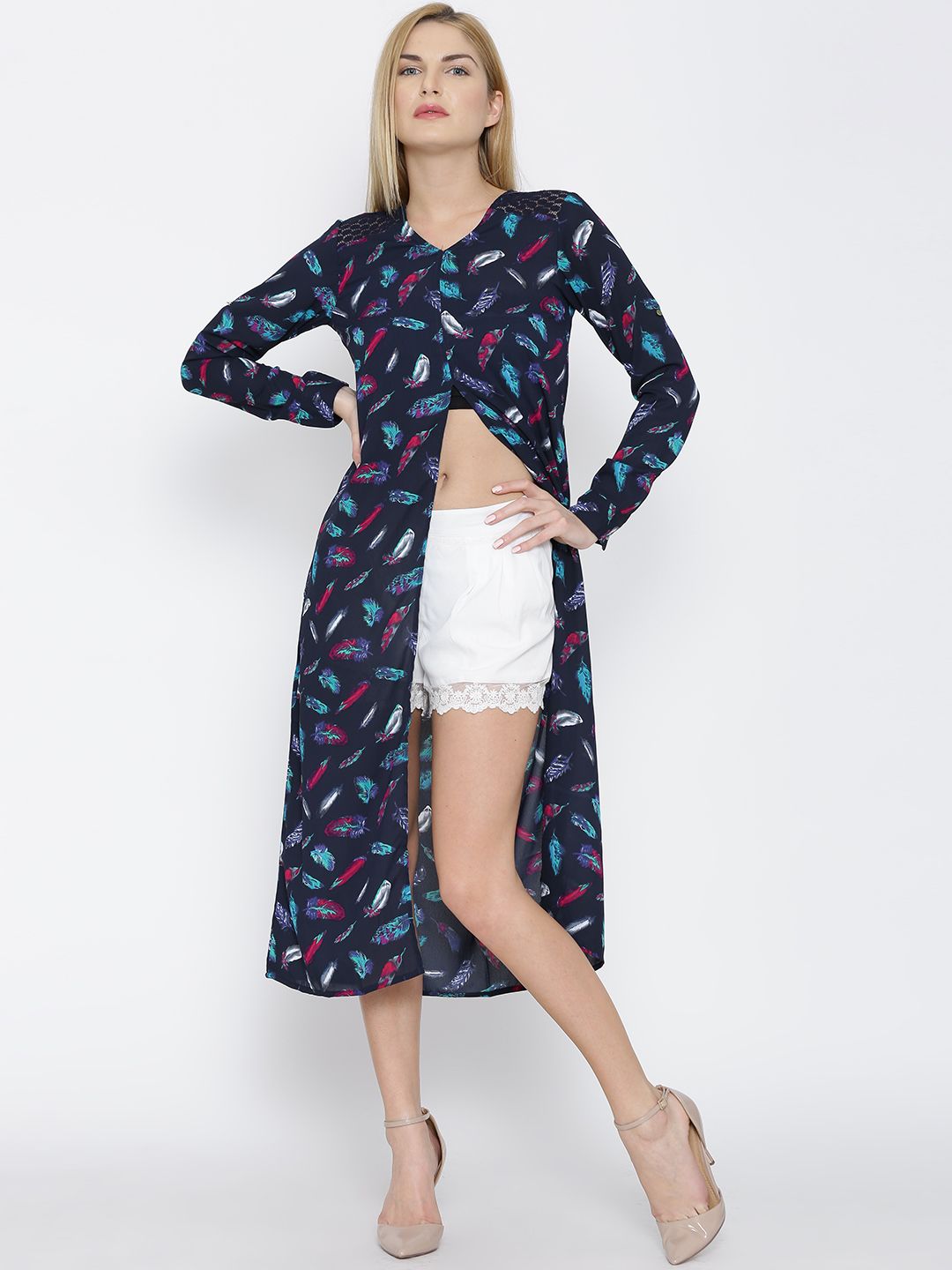 Buy Tokyo Talkies Navy Front Slit Feather Print Tunic - Tunics for