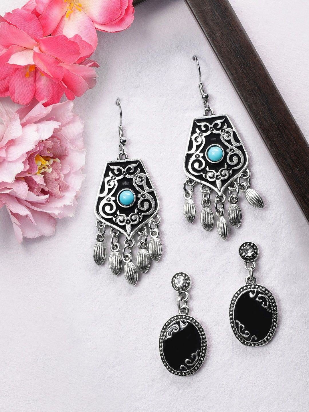 Rubans Set of 2 Silver-Plated Handcrafted Enamelled Classic Drop Earrings Price in India