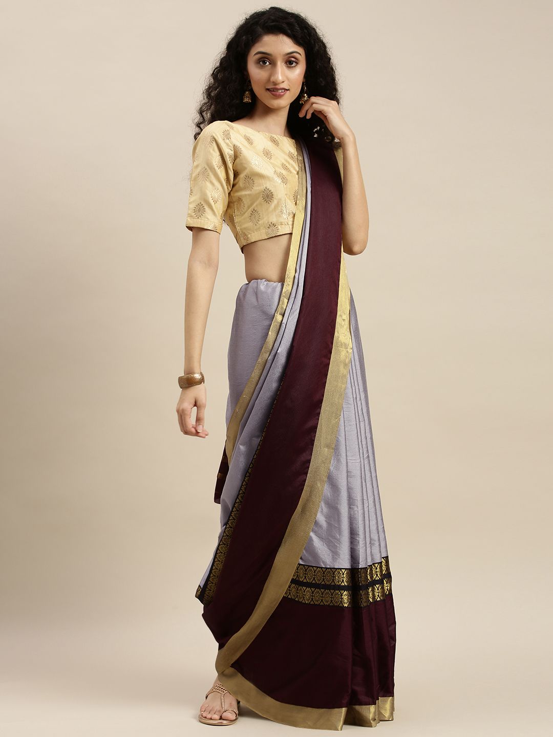 KALINI Grey & Brown Poly Silk Woven Design Saree