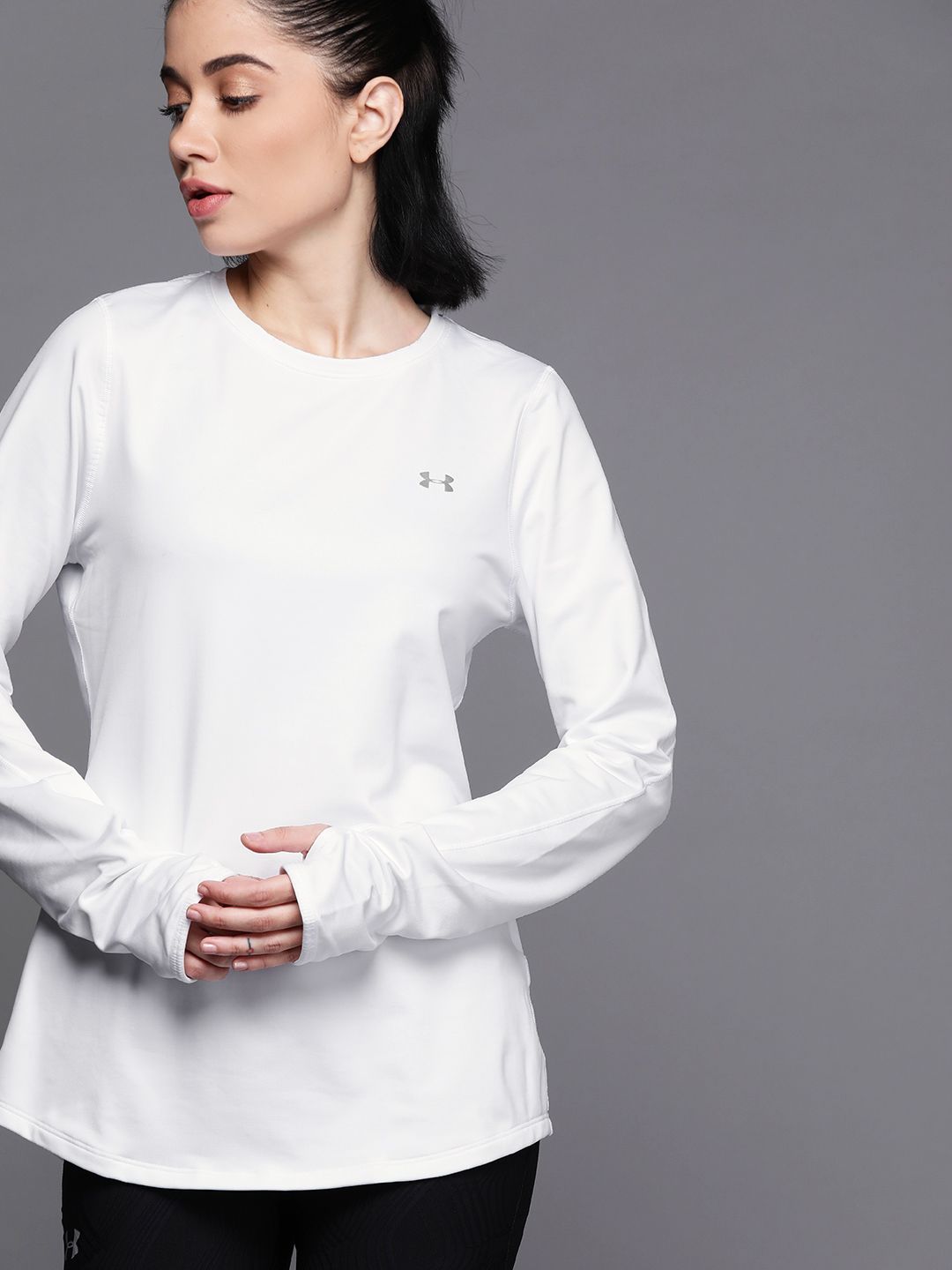 UNDER ARMOUR Women White Solid ColdGear Armour Fitted Crew T-Shirt Price in India