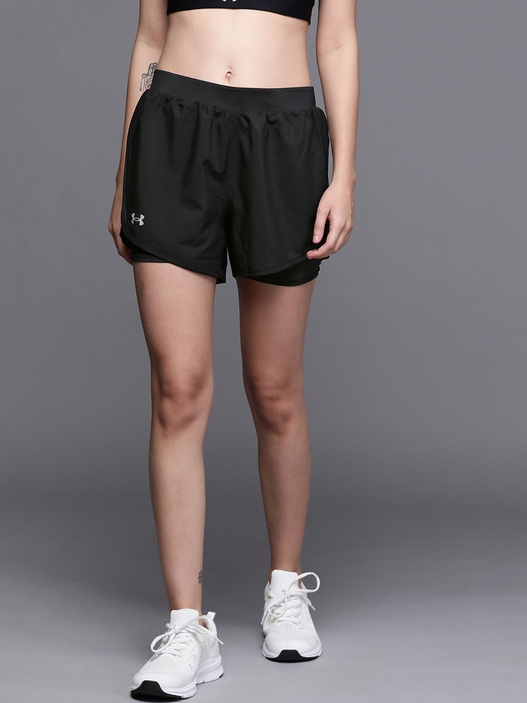 UNDER ARMOUR Women Black Solid Fly-By 2.0 Mini 2-in-1 Shorts Price in India
