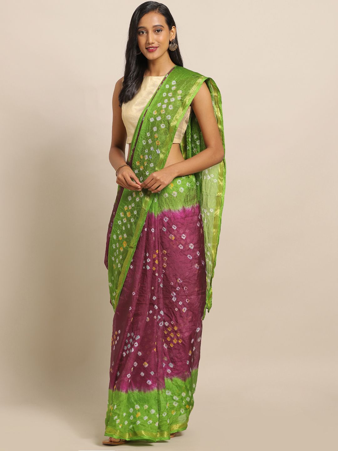 Geroo Jaipur Purple & Green Art Silk Dyed Bandhani Saree