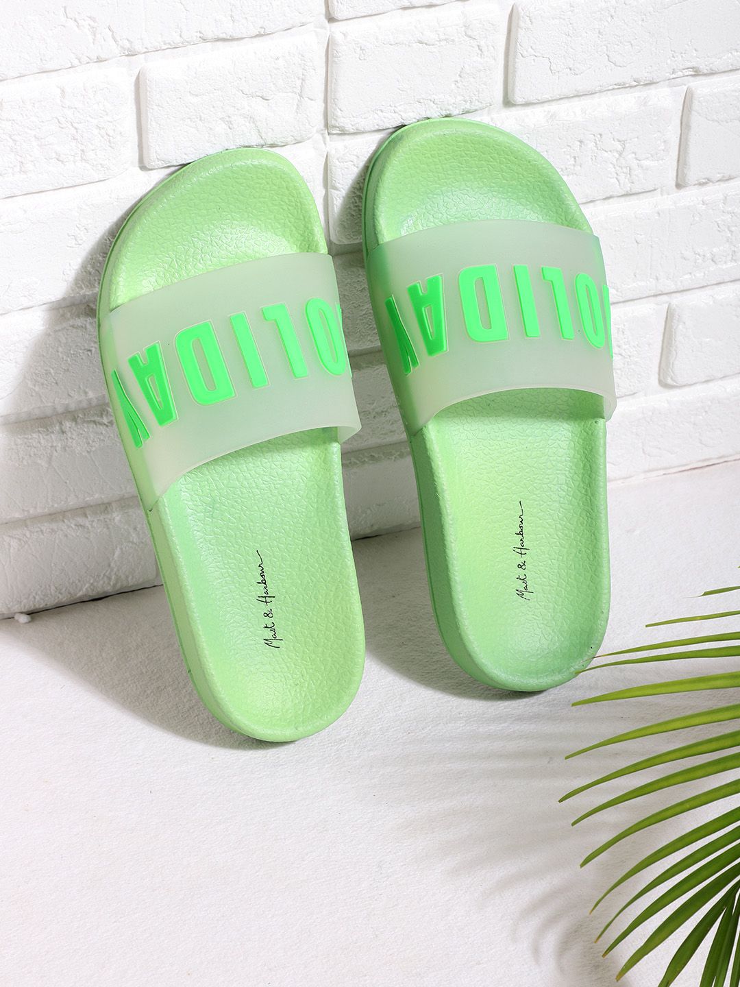 Mast & Harbour Women Green & Frosted White Holiday Print Sliders Price in India