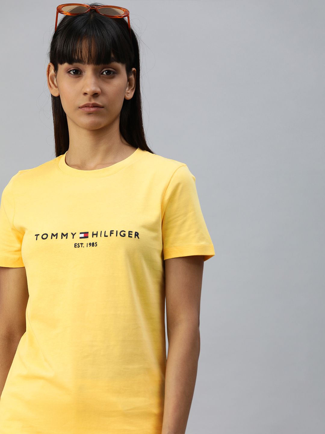 Tommy Hilfiger Women Yellow Logo Embroidered Round Neck T-shirt