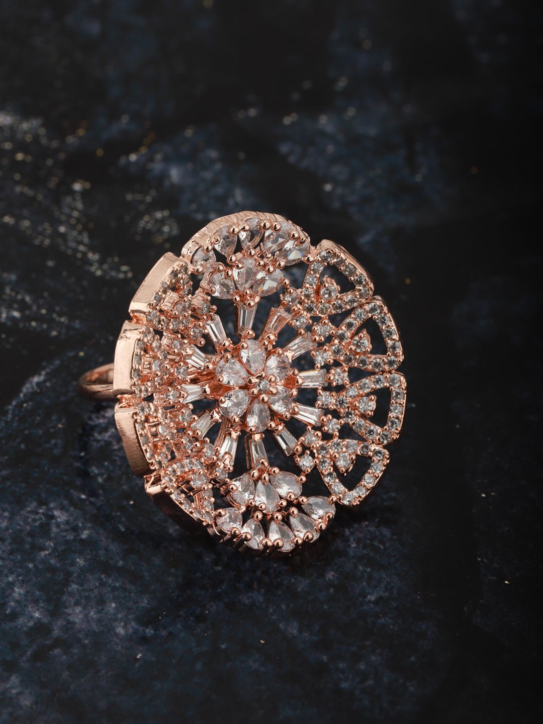 Carlton London Women Rose Gold-Plated CZ-Studded Floral-Shaped Adjustable Finger Ring Price in India