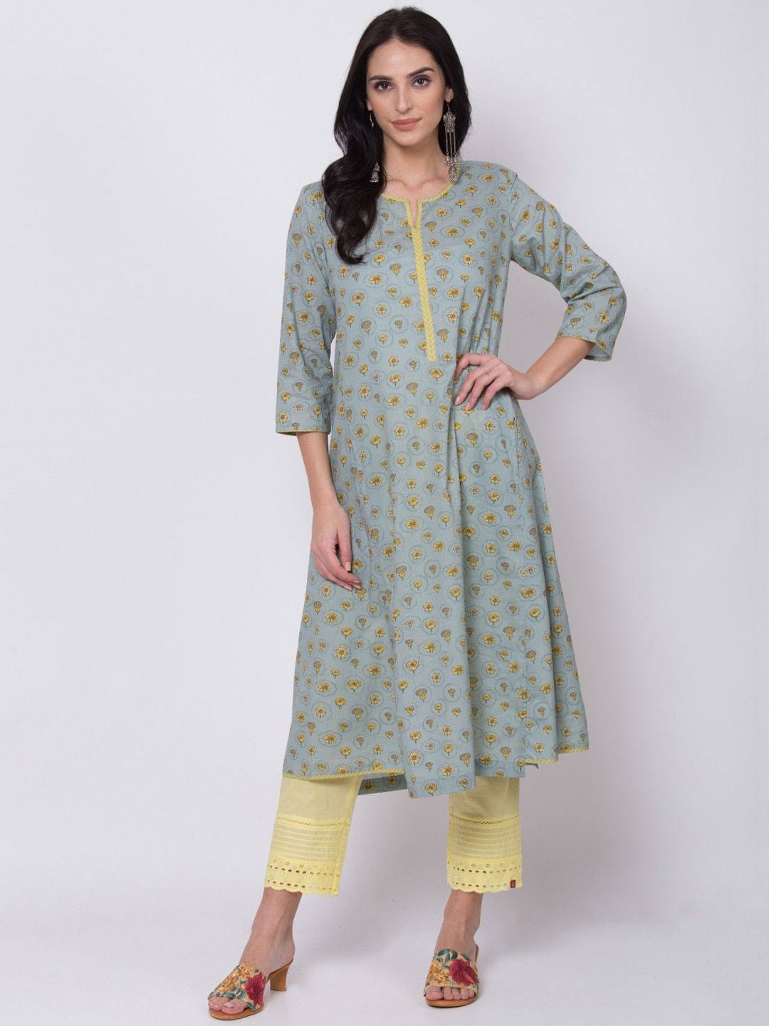 Biba Women Green & Yellow Printed A-Line Kurta