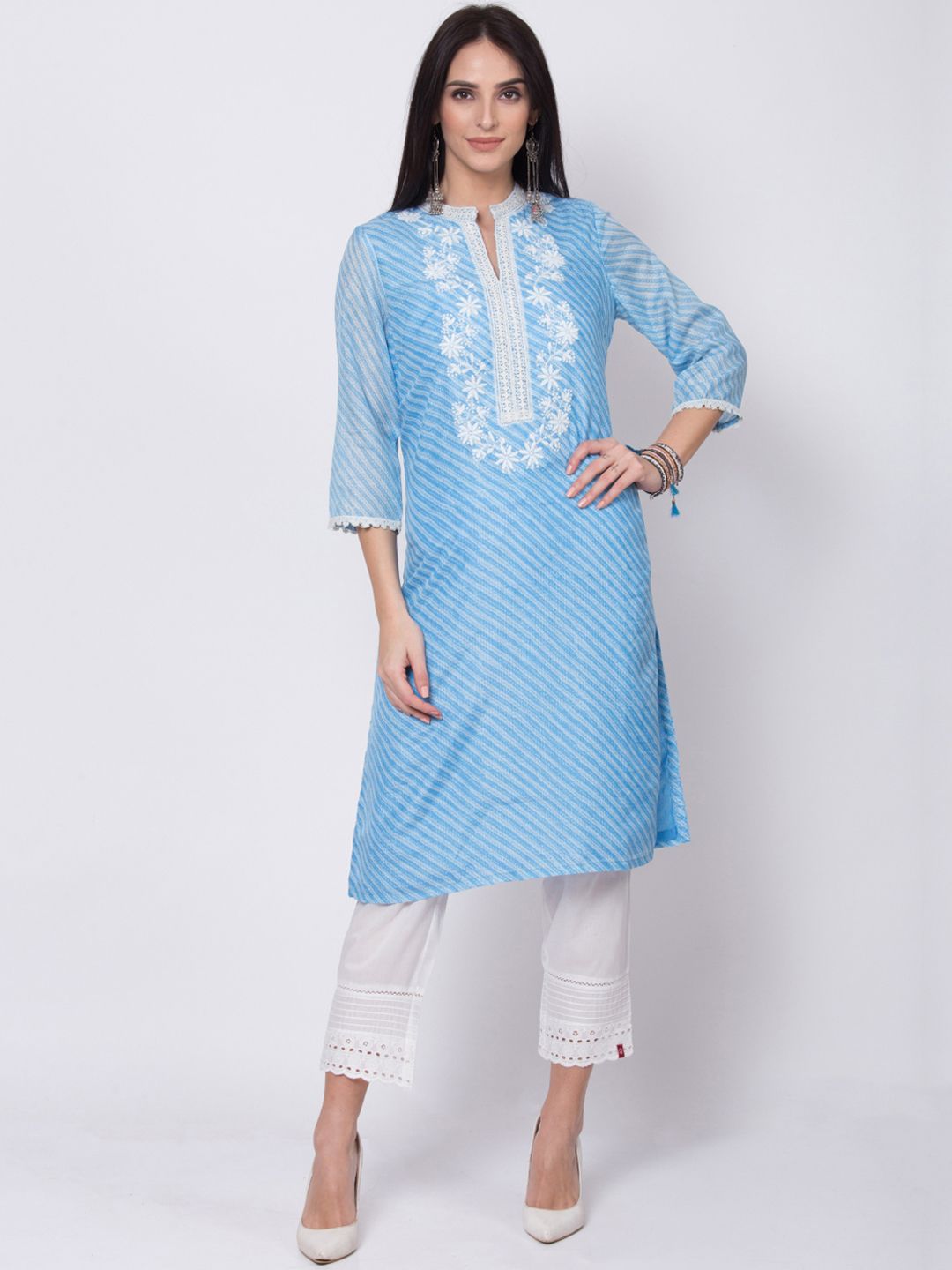 Biba Women Blue & White Printed Straight Kurta