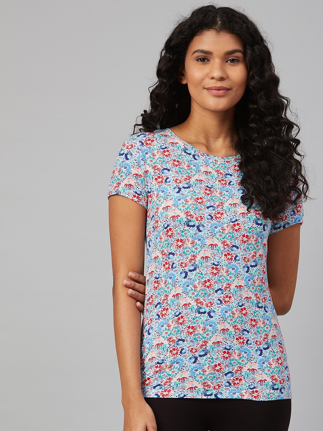 Marks & Spencer Women Blue & Red Floral Print Lounge T-Shirt Price in India