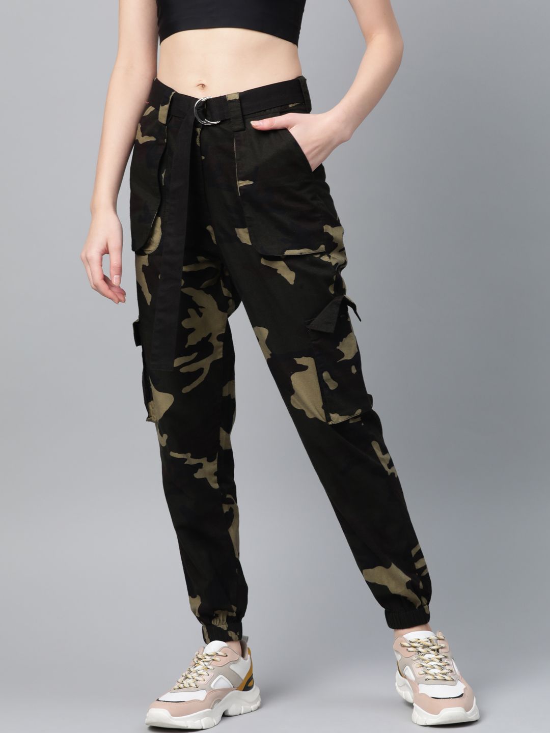 STREET 9 Women Olive Green & Brown Camouflage Print Cargos Price in India