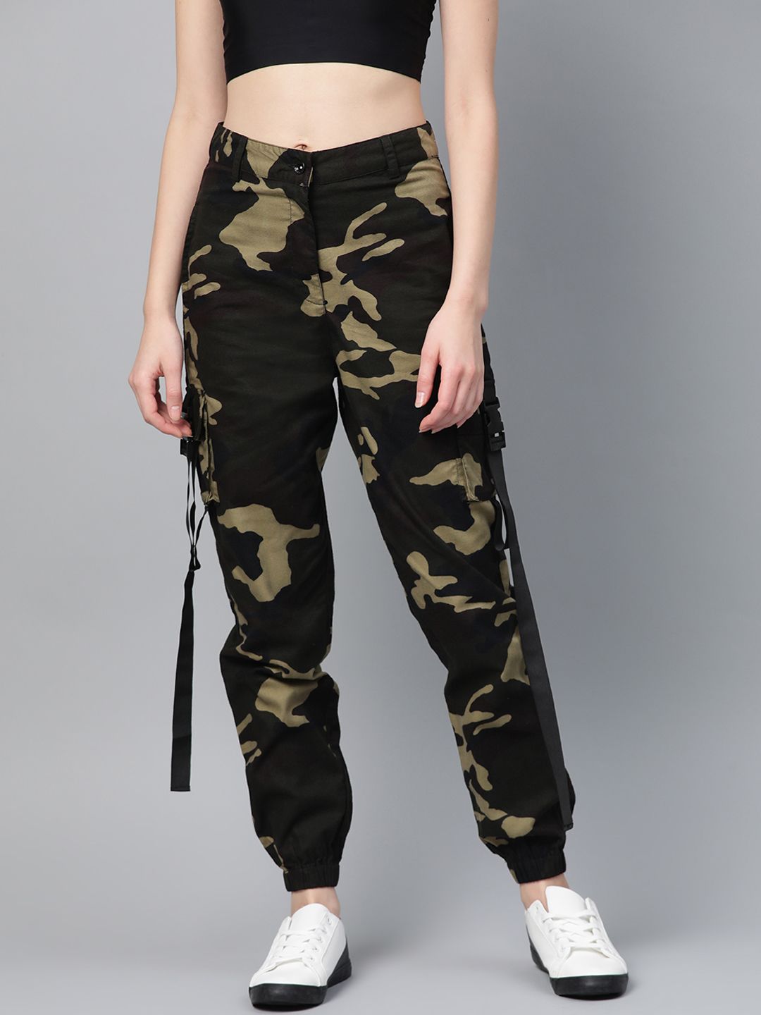 STREET 9 Women Olive Green & Brown Camouflage Print Cargos Price in India