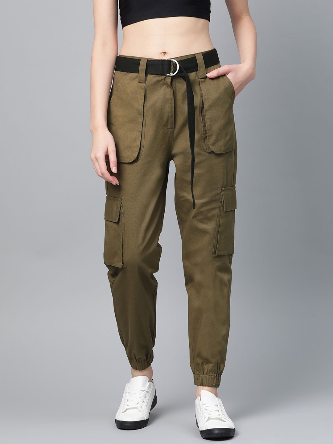 STREET 9 Women Olive Green Regular Fit Solid Cargos