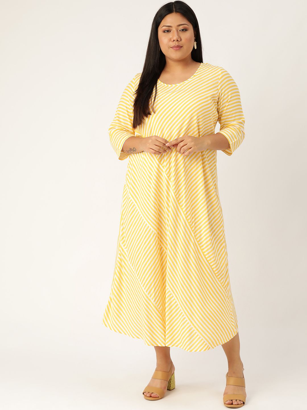 Revolution Women Yellow & White Plus Size Striped Maxi Dress