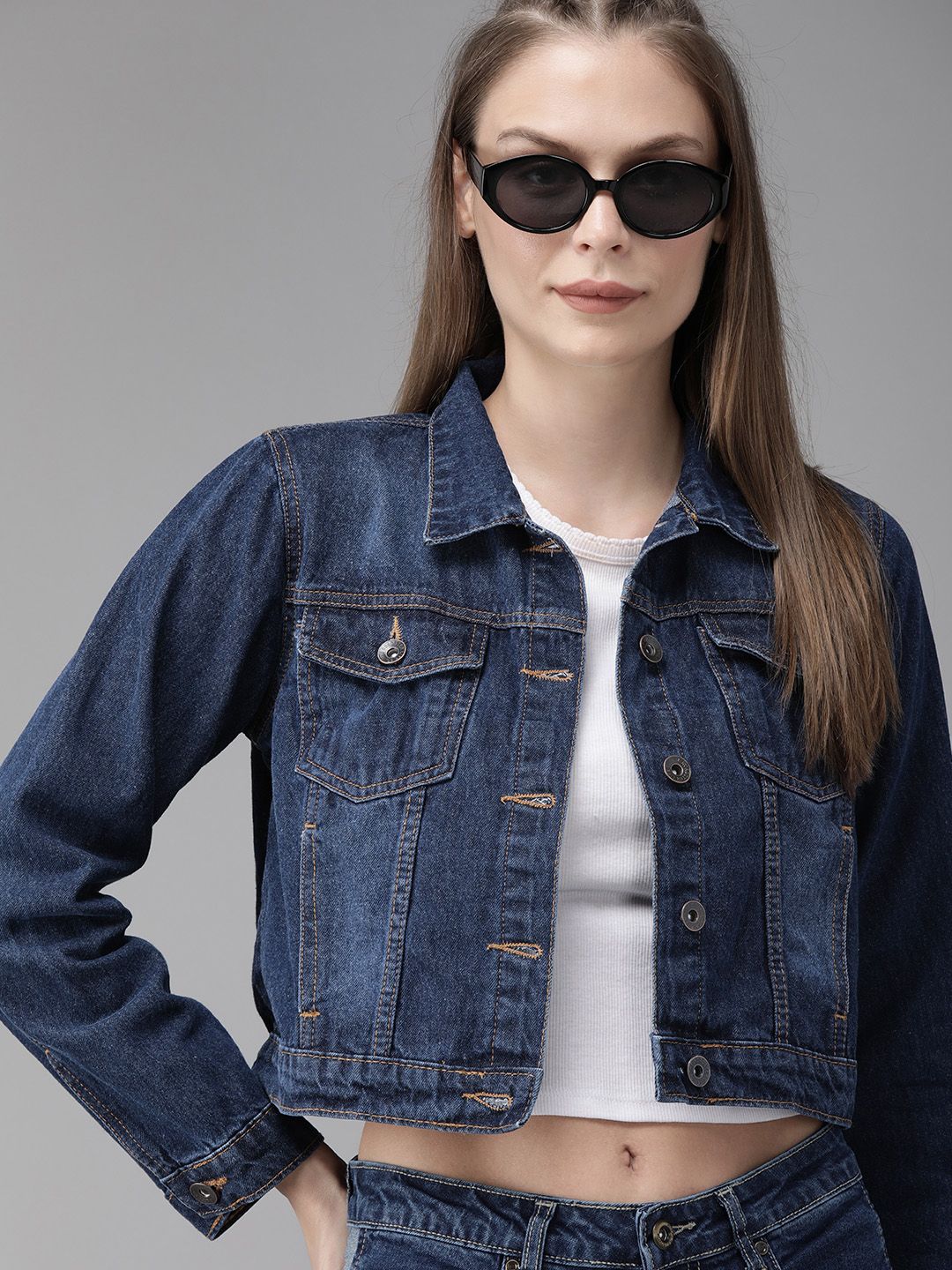 Roadster Women Navy Blue Solid Cropped Denim Jacket Price in India