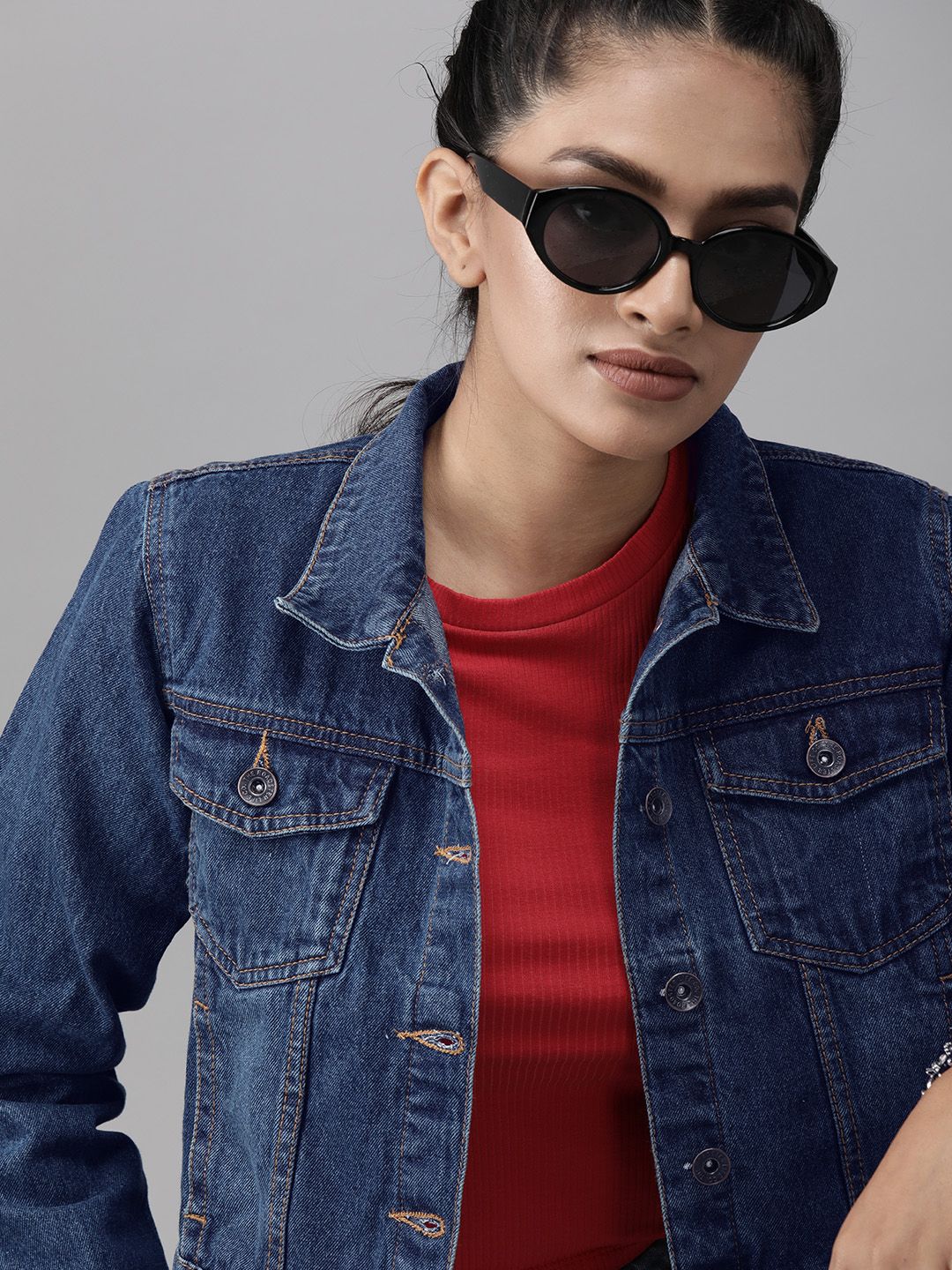 Roadster Women Blue Solid Cropped Denim Jacket Price in India