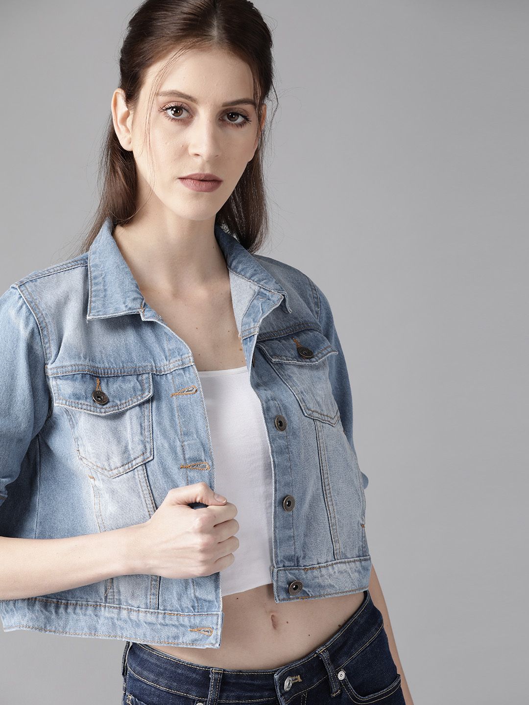 Roadster Women Blue Washed Cropped Denim Jacket Price in India