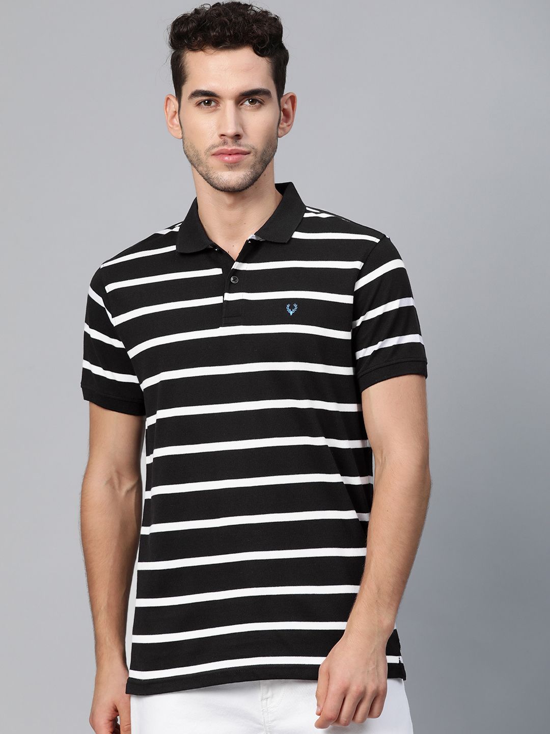 Allen Solly Men Black & White Striped Polo Collar T-shirt