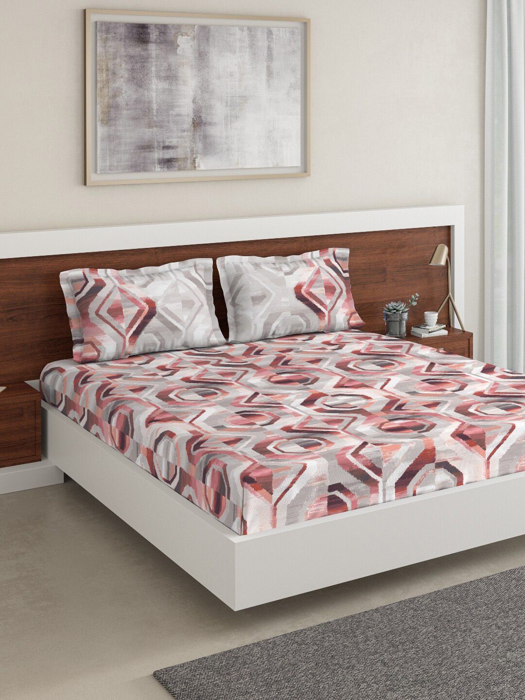 DDecor Red & White Geometric 180 TC Cotton 1 King Bedsheet with 2 Pillow Covers Price in India