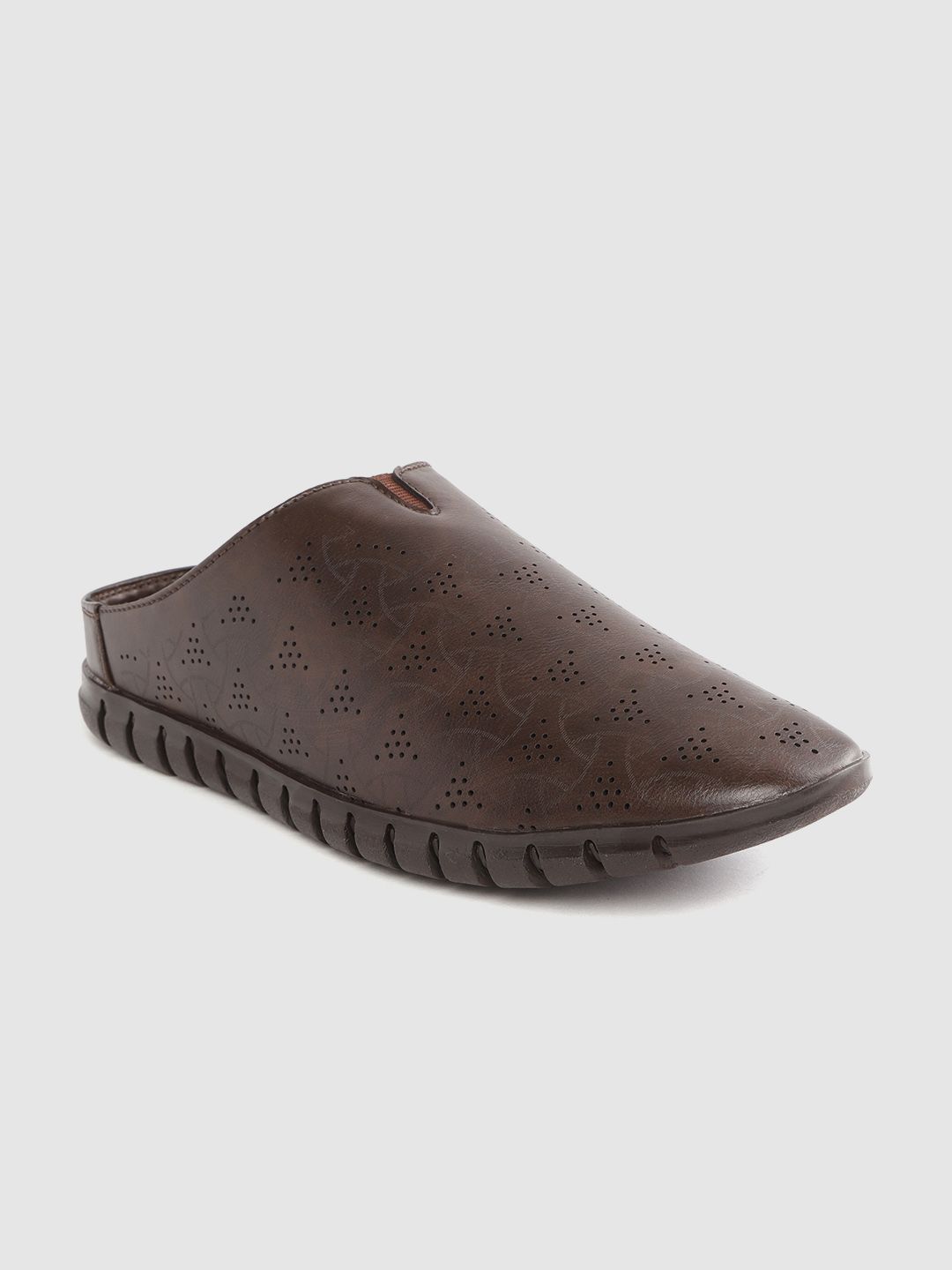 Roadster Men Coffee Brown Perforated Clogs with Geometric Print Detail