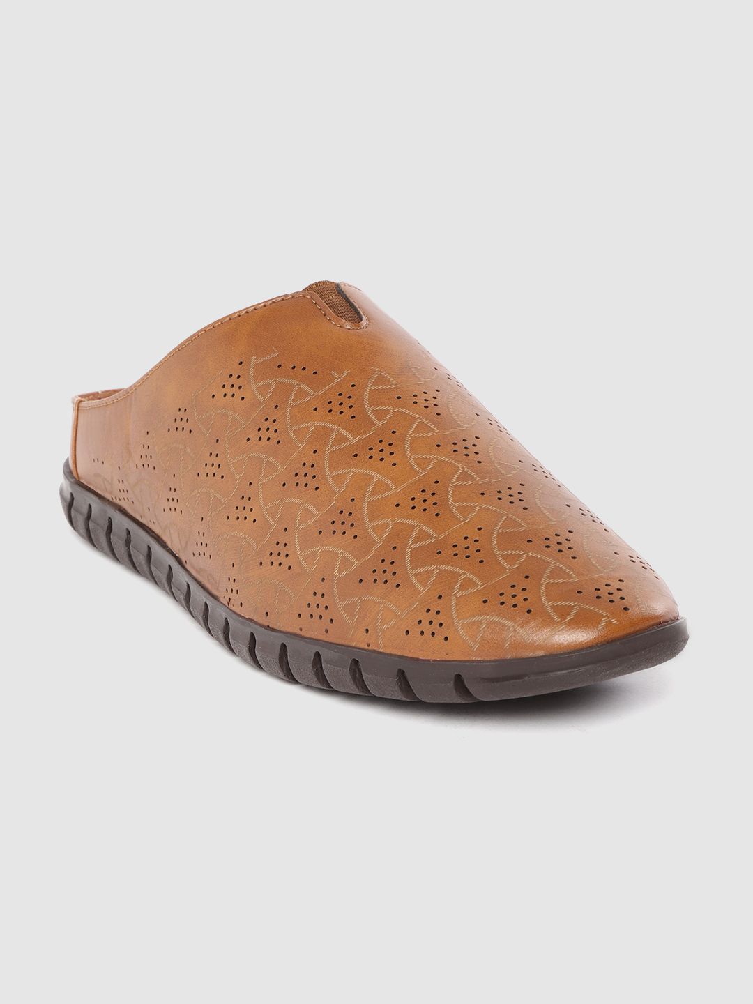 Roadster Men Tan Brown Perforated Clogs with Geometric Print Detail