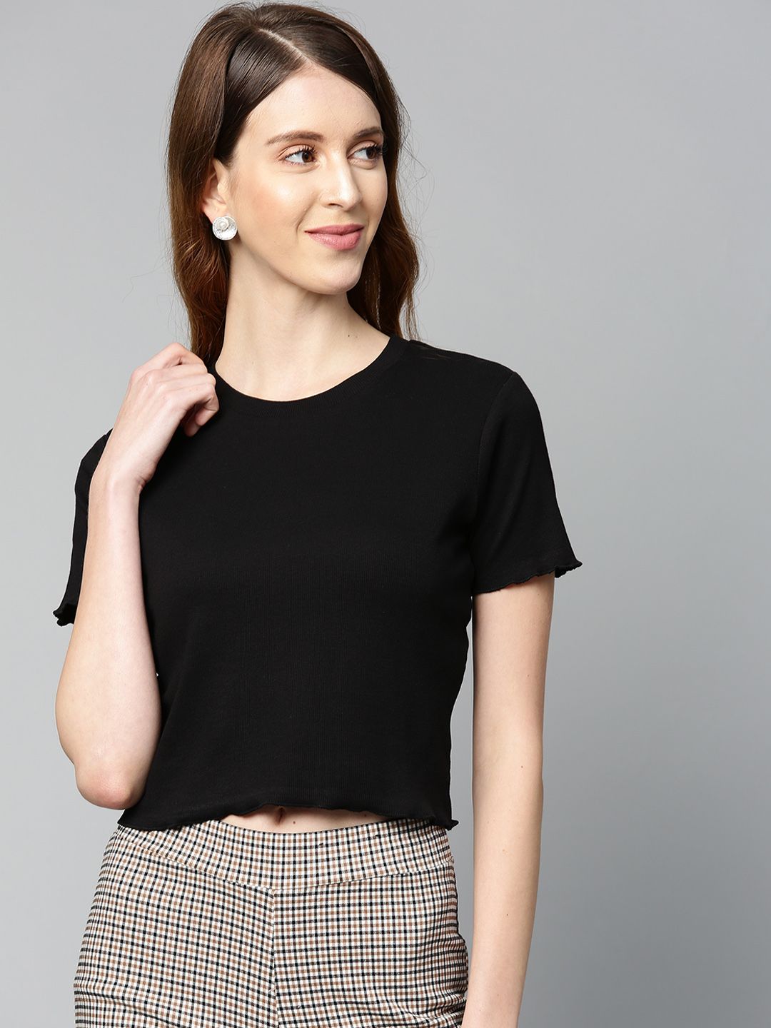 SASSAFRAS Women Black Crop Ribbed Top