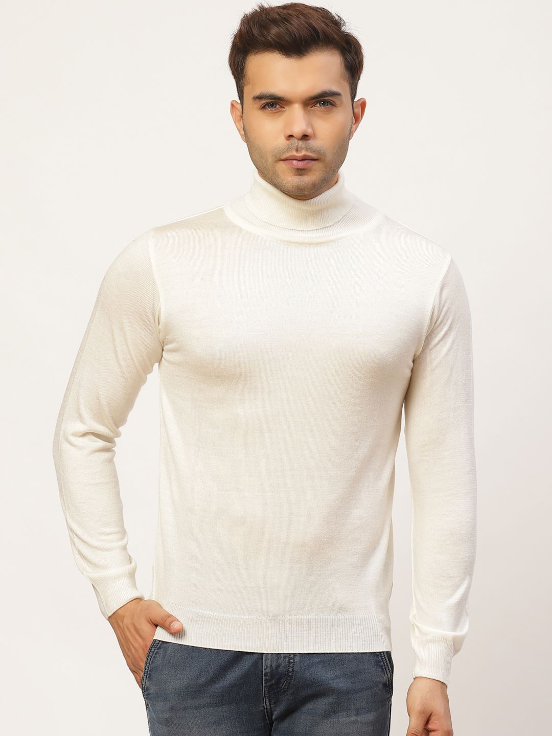 Pierre Carlo Men Off-White Solid Turtle Neck Pullover Sweater