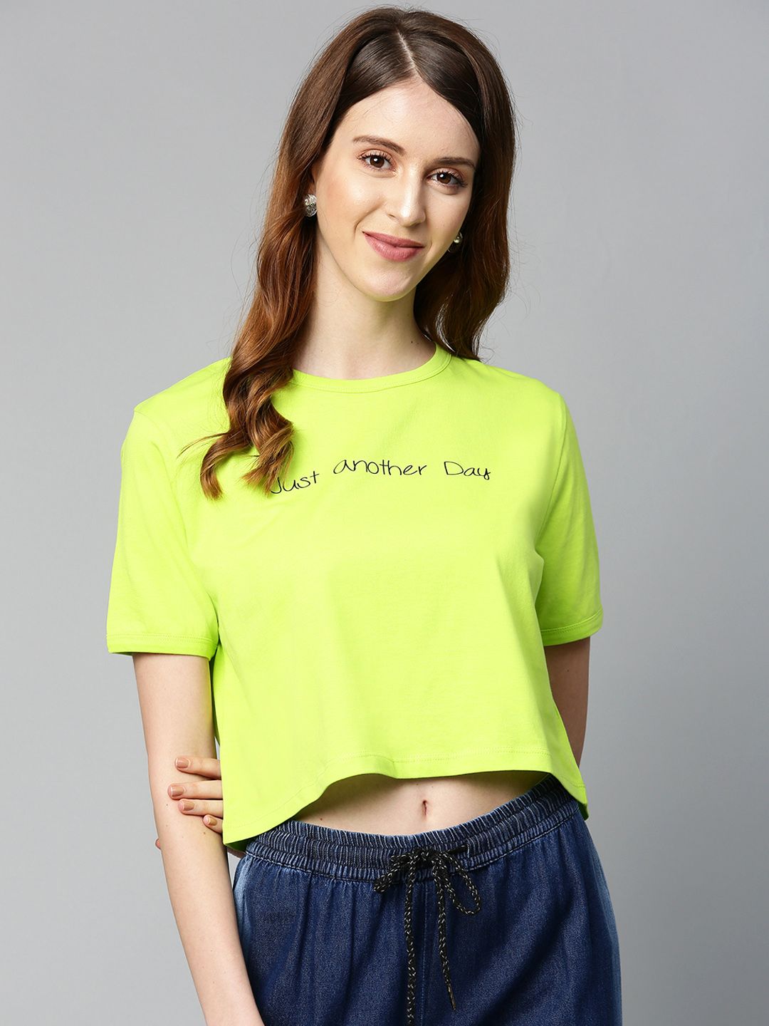 SASSAFRAS Women Fluorescent Green Boxy Fit Solid Round Neck Crop T-shirt