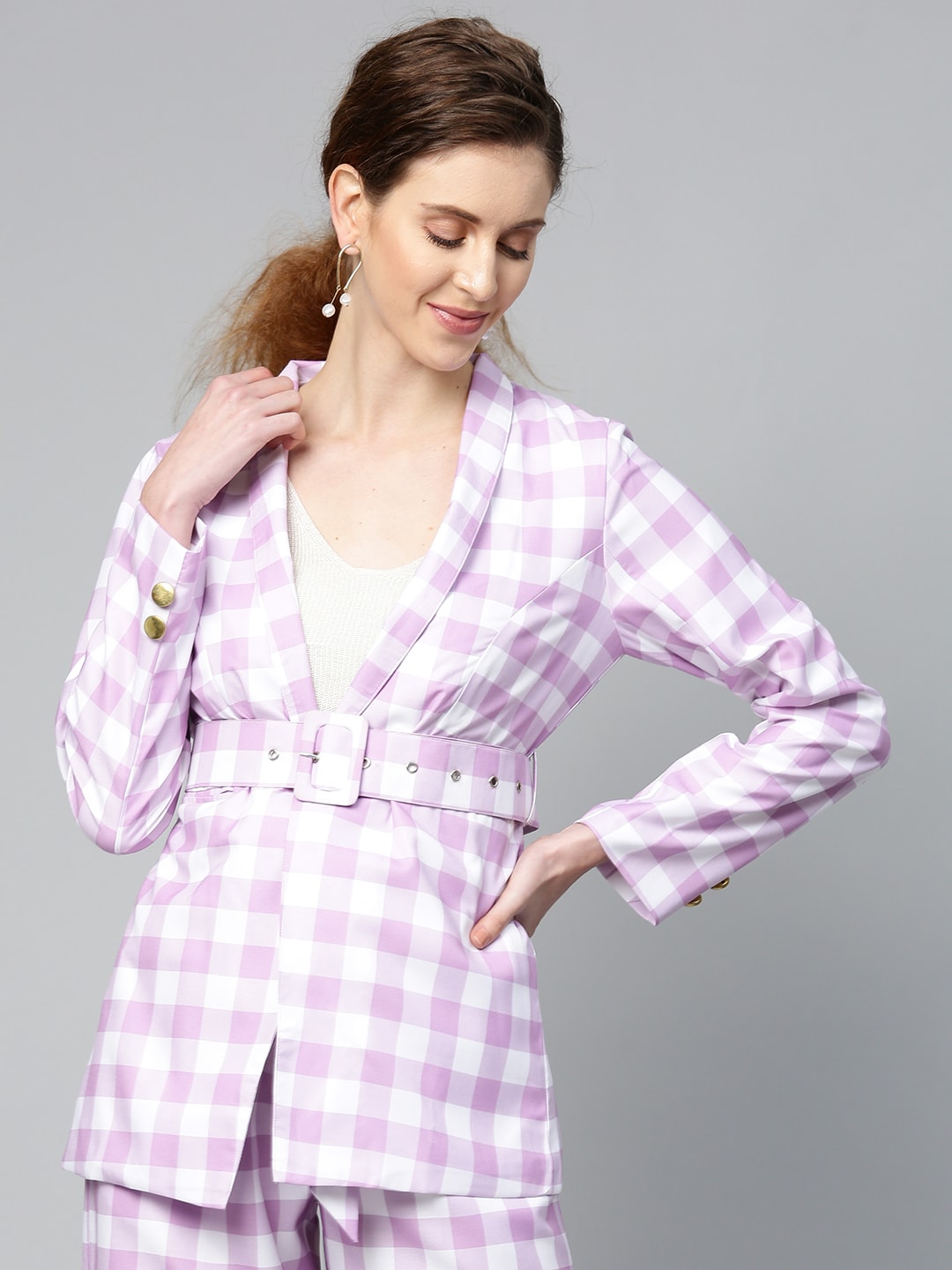 SASSAFRAS Women Lavender & White Slim Checked Single-Breasted Front Open Blazer With Belt Price in India