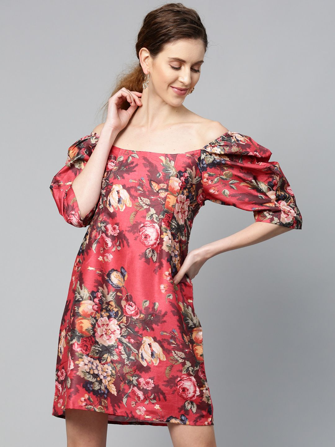 SASSAFRAS Women Red & Green Pleated Floral Print Off-Shoulder A-Line Dress Price in India
