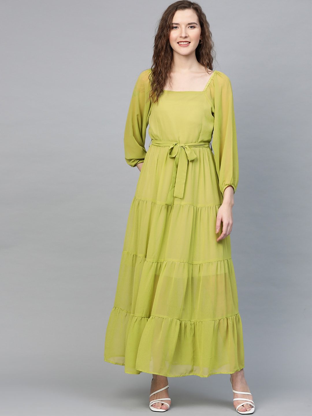 SASSAFRAS Lime Green Tiered Pleated Maxi Dress Price in India