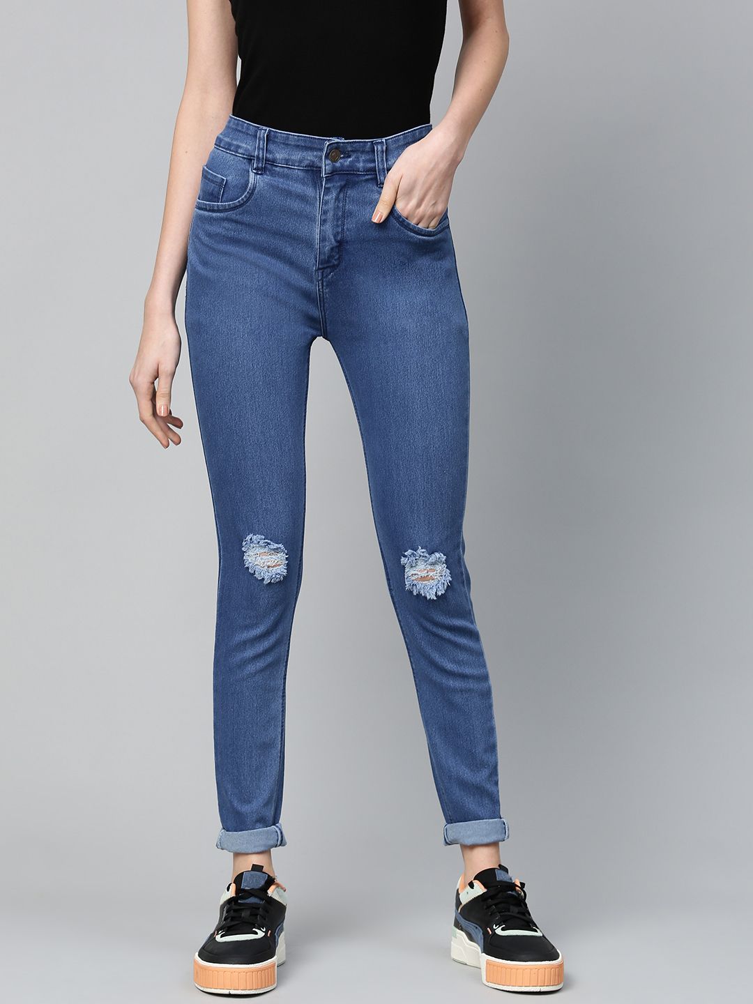 SASSAFRAS Women Blue Slim Fit Mid-Rise Mildly Distressed Jeans Price in India