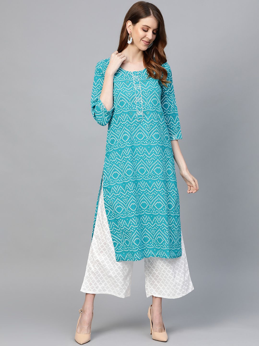 Anubhutee Women Turquoise Blue & White Bandhani Print Kurta with Palazzos Price in India