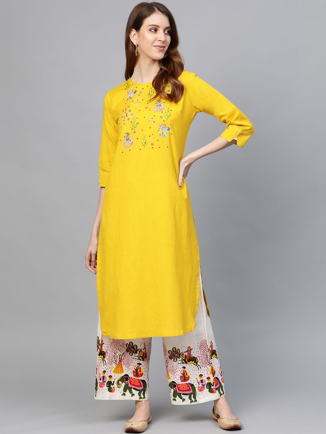 Anubhutee Women Mustard Yellow Yoke Design Kurta with Palazzos Price in India