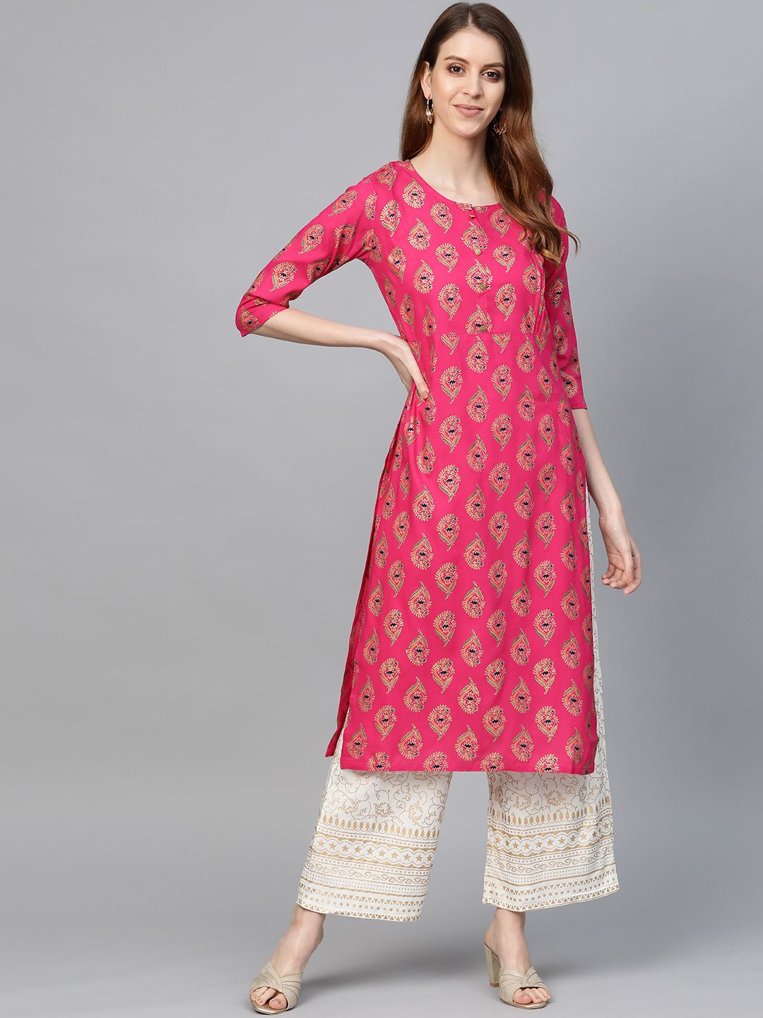 Anubhutee Women Pink & Off-White Printed Kurta with Palazzos Price in India