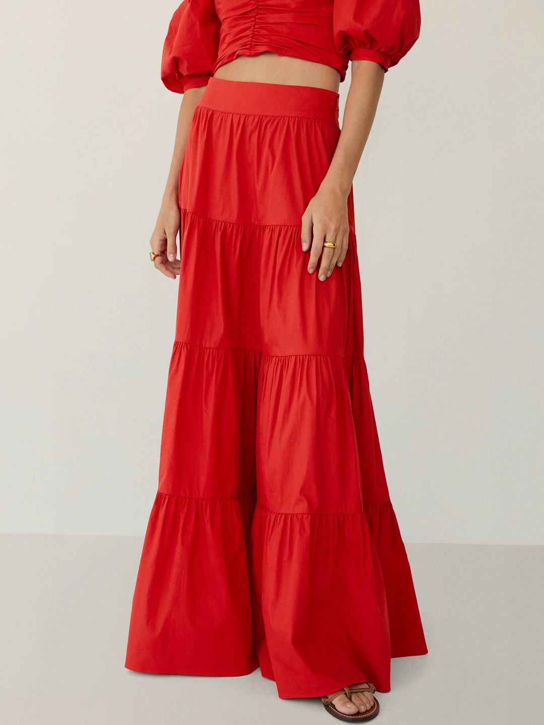 MANGO Women Red Solid Tiered Flared Maxi Skirt