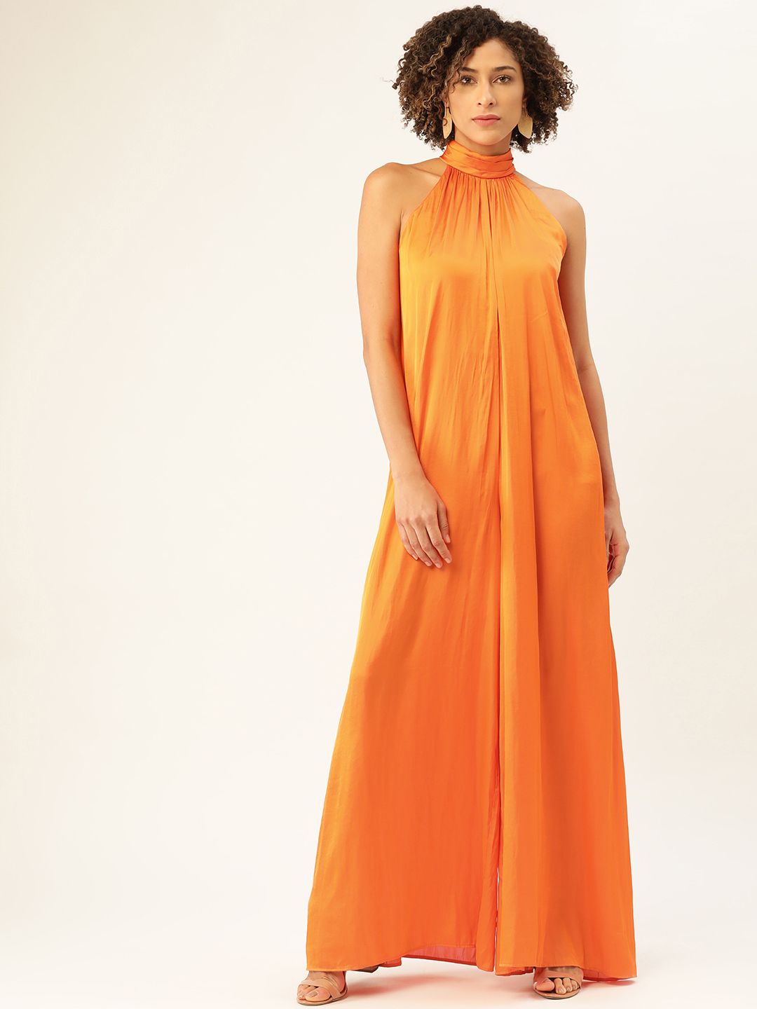 MANGO Women Orange Satin Finish Flared Basic Jumpsuit Price in India