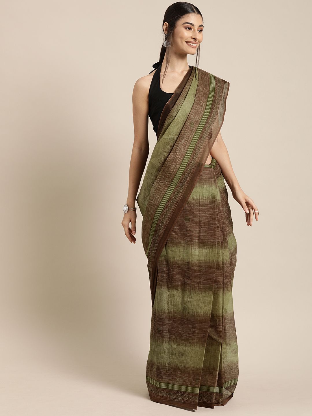 Mitera Brown & Olive Green Pure Cotton Printed Kanjeevaram Saree Price in India