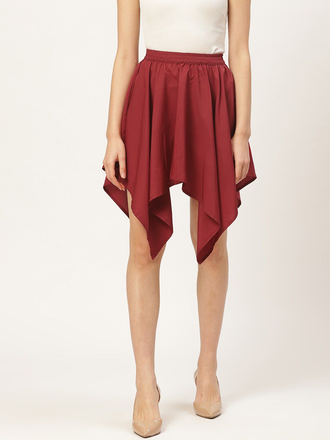 Darzi Women Maroon Solid Asymmetric Flared Skirt