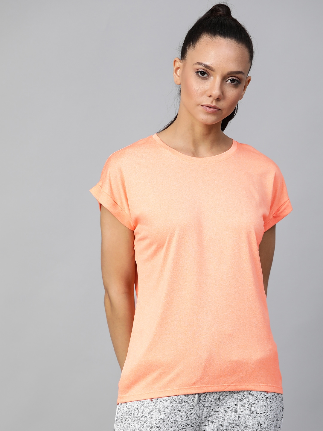 Marks & Spencer Women Coral Orange Solid Round Neck Sports T-shirt Price in India