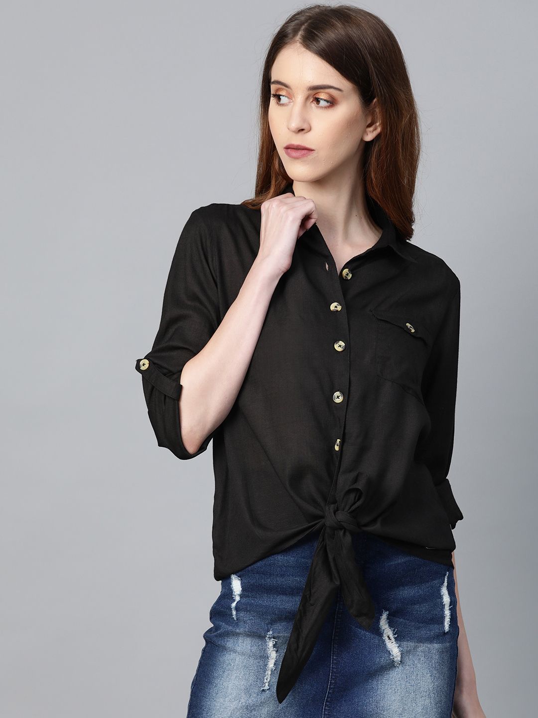 Roadster Women Black Regular Fit Solid Casual Shirt