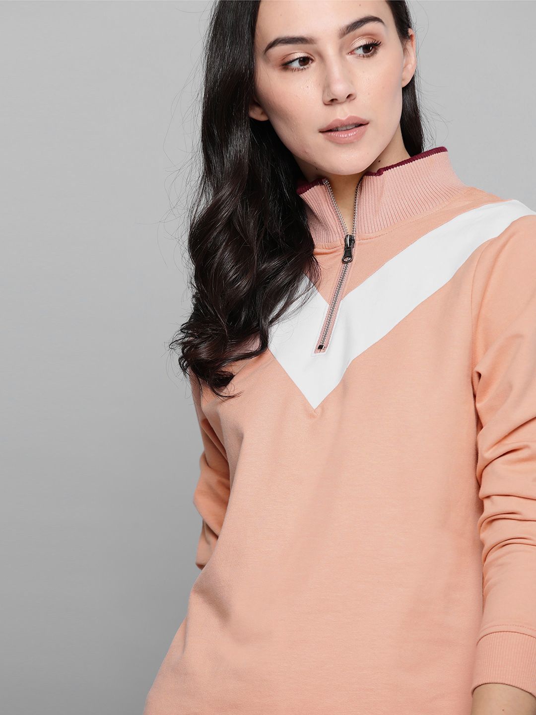 Harvard Women Peach-Coloured & White Striped Detail High Neck Sweatshirt Price in India