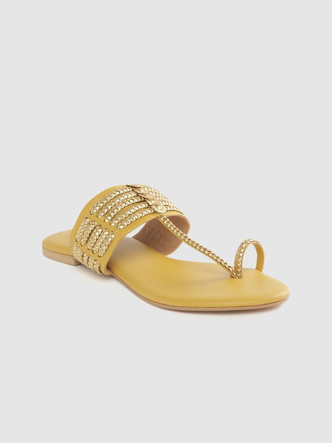 House of Pataudi Women Mustard Yellow & Gold-Toned Braided Handcrafted One Toe Flats