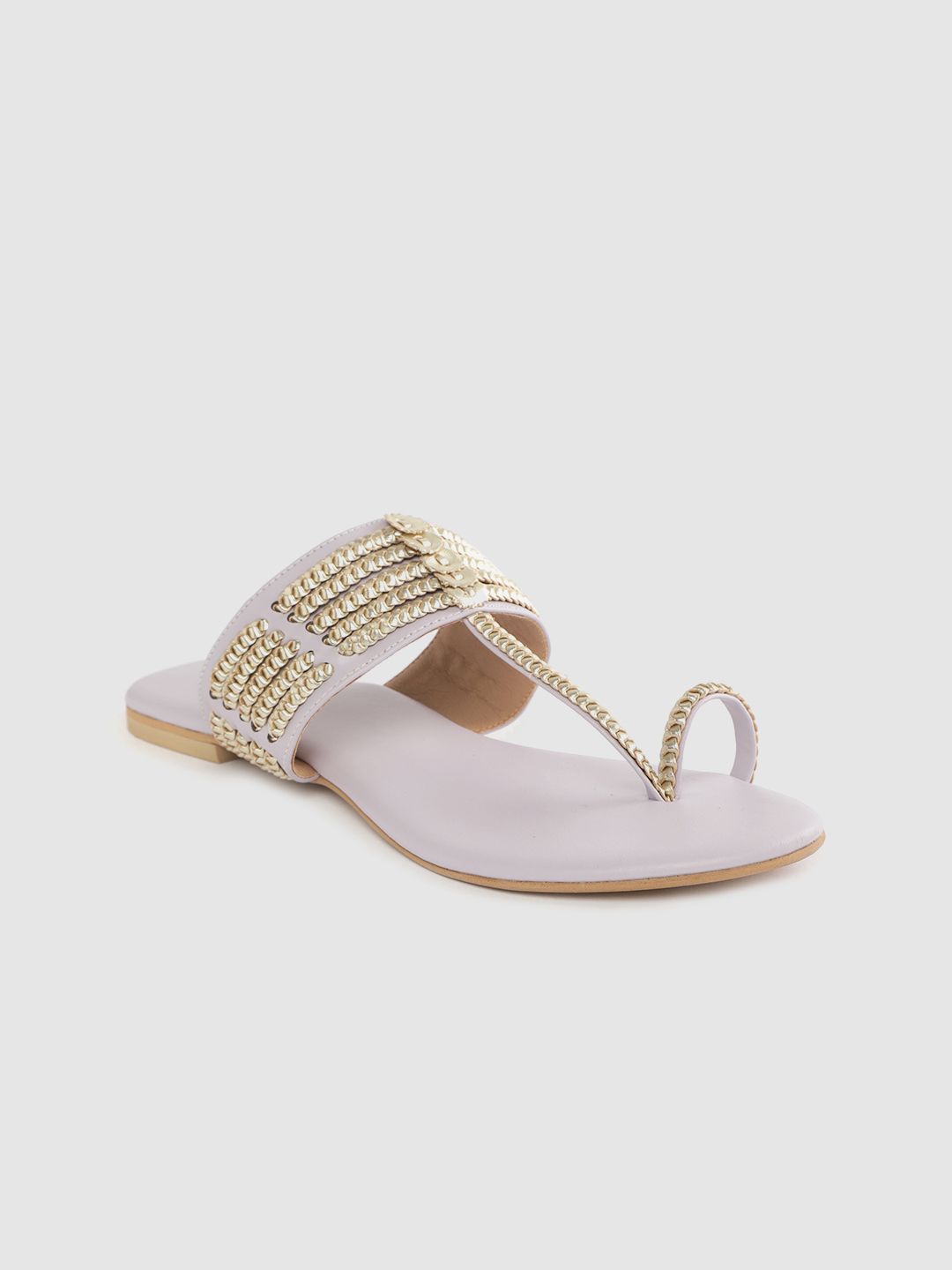 House of Pataudi Women Lavender & Muted Gold-Toned Braided Handcrafted One Toe Flats