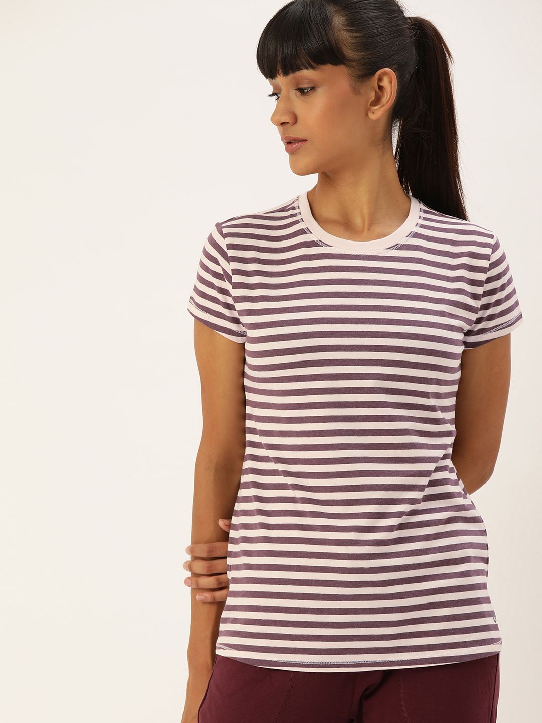 Enamor Women Maroon  White Striped Slim Fit Lounge T-shirt Price in India