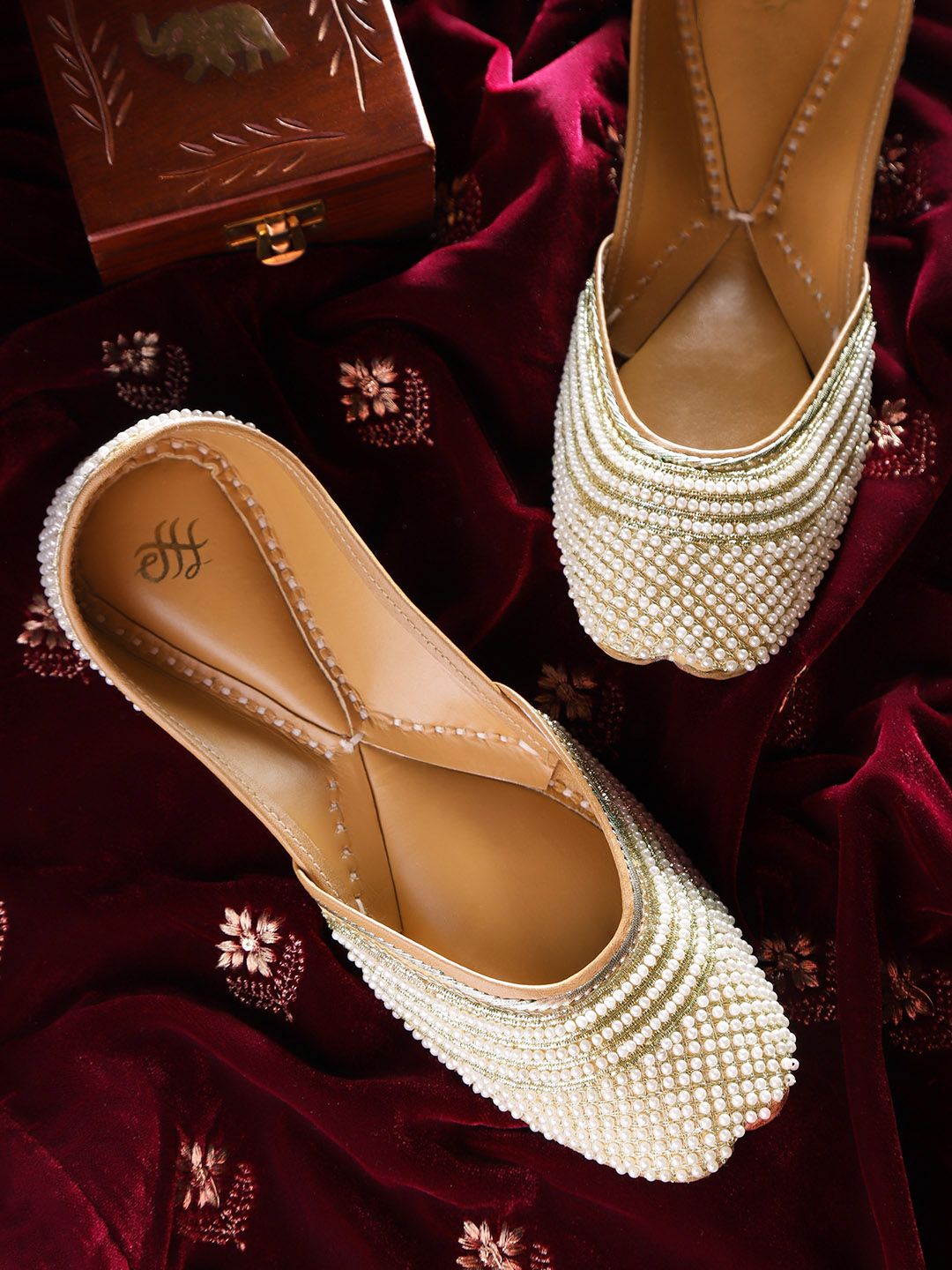 House of Pataudi Women Off-White & Gold-Toned Beaded Handcrafted Mojaris Price in India